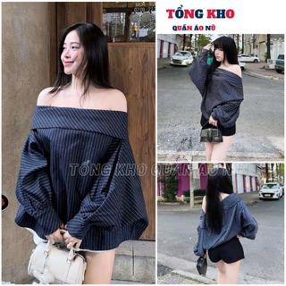 Áo Trễ Vai Kẻ Sọc Xanh Dài Tay Phồng Siêu Sang Chảnh, Áo Sơ Mi Kẻ Bánh Bèo Thời Trang - TONGKHO