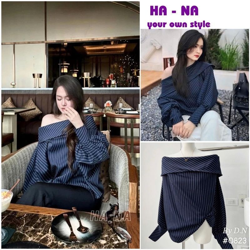 SALE - Áo Trễ Vai Kẻ Sọc Xanh Dài Tay Phồng Siêu Sang Chảnh, Áo Sơ Mi Kẻ Bánh Bèo Thời Trang Hot - H