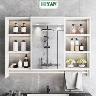 Gương nhà tắm kết hợp tủ kệ để đồ kèm móc treo khăn chống ẩm mốc - YM207