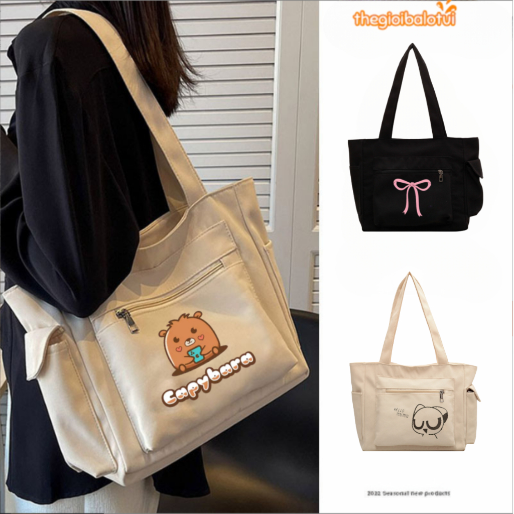 Túi tote vải canvas đi học có khóa miệng hình Labubu Capybara, túi đeo vai a4 đựng vừa laptop 14 inch, sách vở giá rẻ