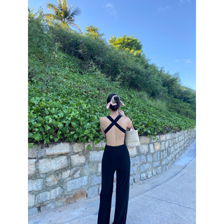 Jumpsuit thun chéo dây lưng (có mút)