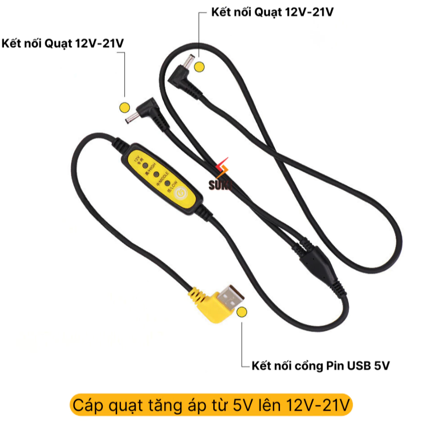 Dây cáp USB kết nối 2 Quạt vào Pin Áo Điều Hòa, Dây tăng áp cho cổng usb 5V kích nên 12V-21V, dùng c