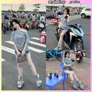  Áo phông nữ trễ vai phối khoá cộc tay mặc lên form dáng đẹp hoạ tiết kẻ caro nổi bật hot hit 