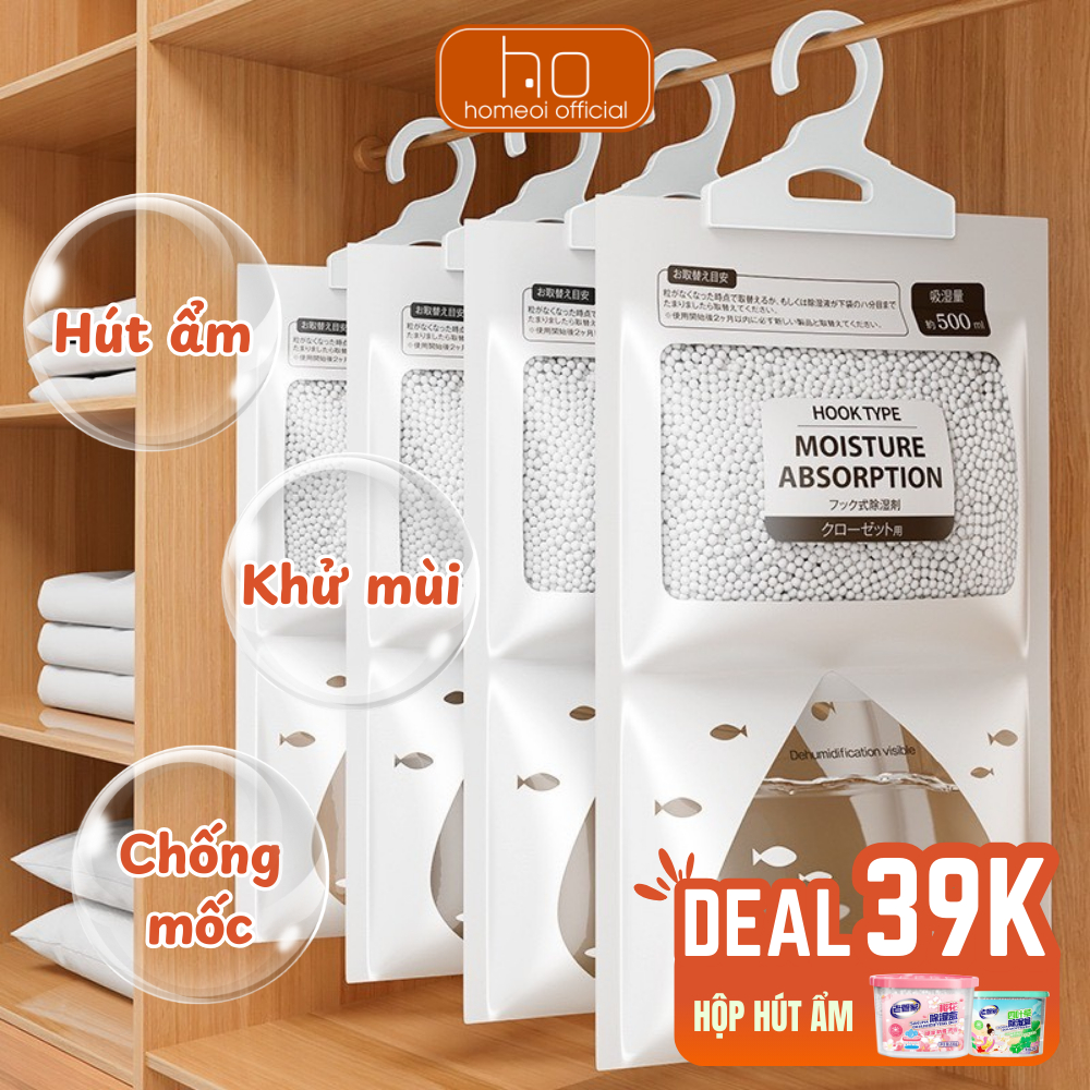 Túi Hút Ẩm Khử Mùi 2 Ngăn Siêu Hút Ẩm Lên Tới 500ml Chống Mốc, Nồm, Ẩm Có Móc Treo Tủ Quần Áo, Tủ Giày Tiện Lợi Home Ơi