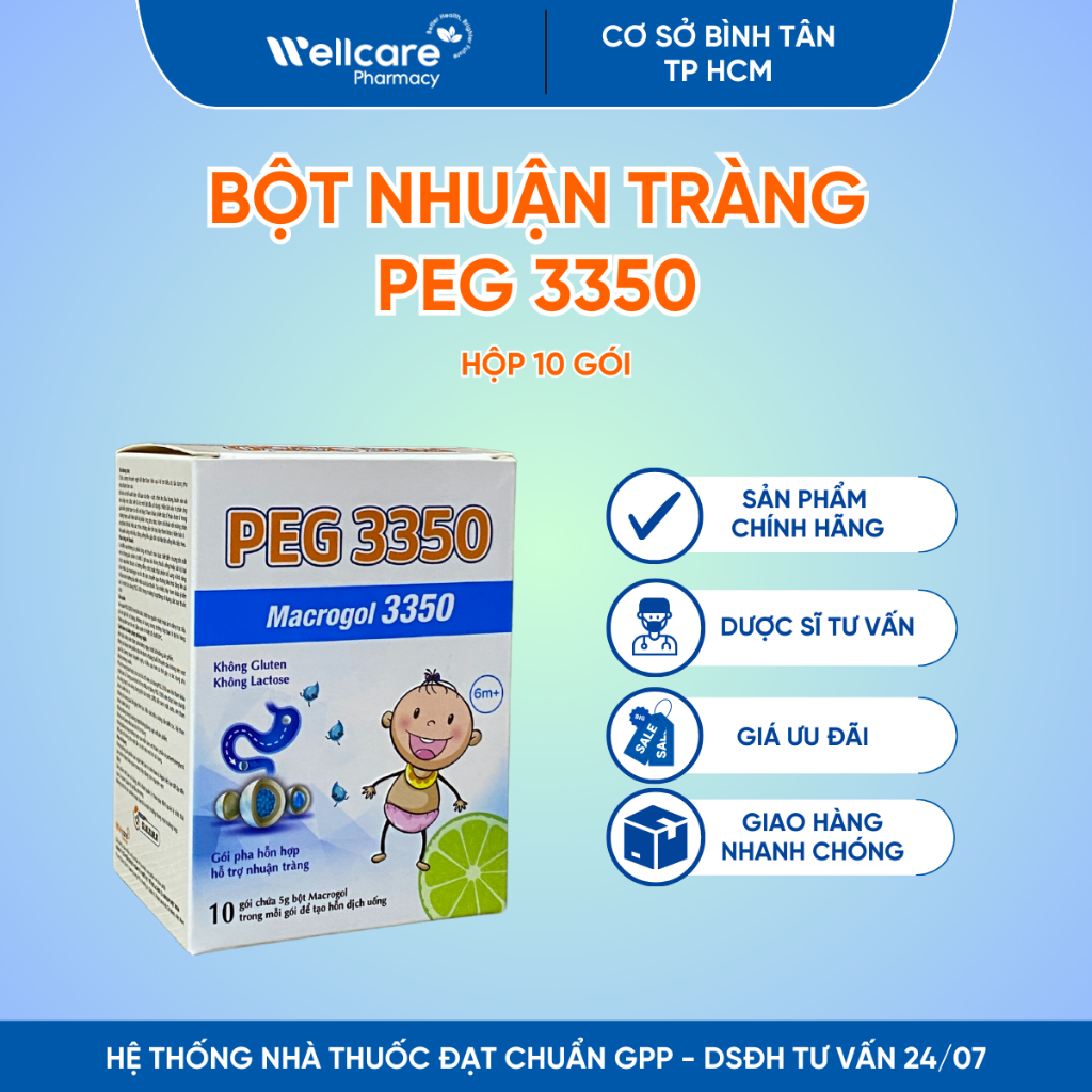 PEG 3350  - Hộp 10 Gói - Bột nhuận tràng giảm táo bón thế hệ mới cho trẻ em trẻ nhỏ