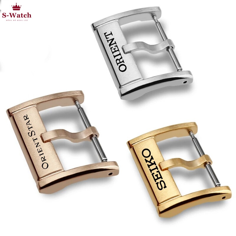 Khóa kim inox đúc dày mạ chân không cho dây da đồng hồ Hamilton Seiko Citizen, orient logo khác inbo