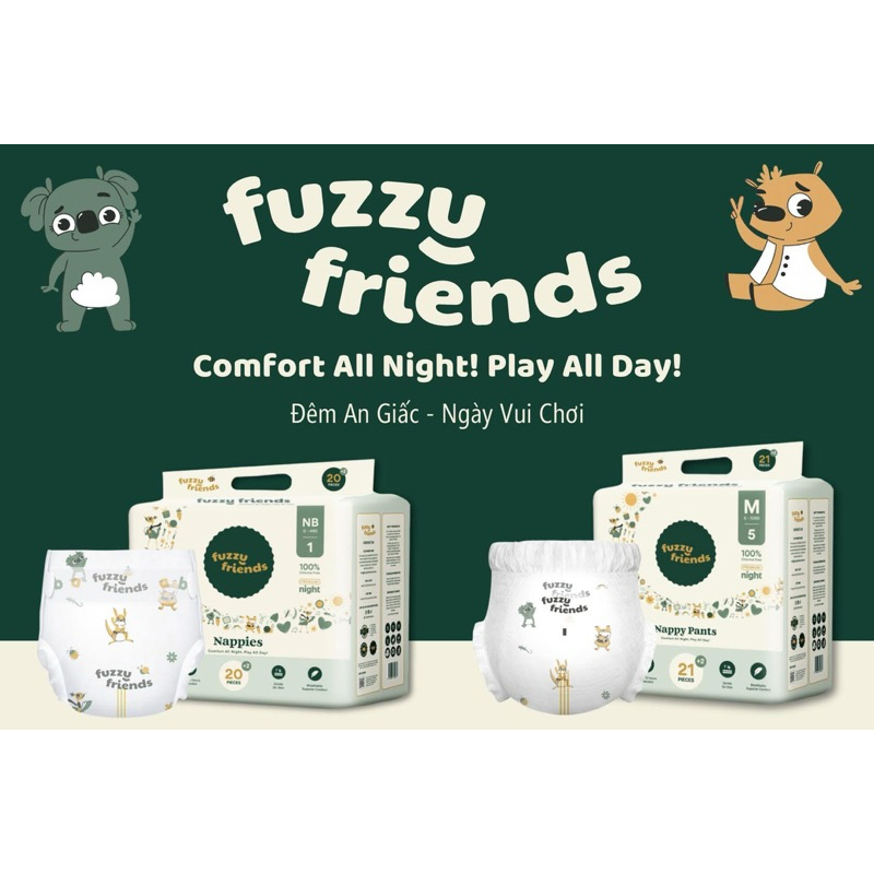 (Chính Hãng) Bỉm Dán/Quần đêm FUZZY FRIENDS nội địa Úc cao cấp NB22/S24/M23/L21 M23/L21/XL19/XXL17