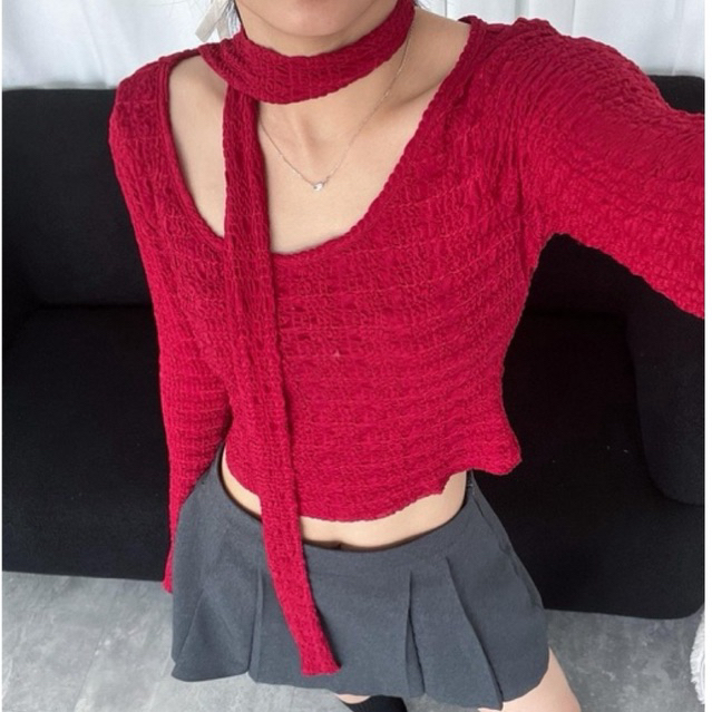 stepbystep - 𝙗𝙞𝙗𝙞 𝙡𝙤𝙣𝙜 𝙨𝙡𝙚𝙚𝙫𝙚 𝙩𝙤𝙥 áo tay dài kèm dây choàng cổ