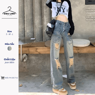 Quần Bò Nữ Ống Rộng, Quần Jeans Nữ Ống Rộng Lưng Cao Rách 3 Mảng Cá Tính KT50