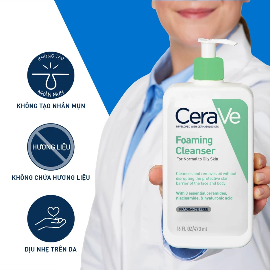 Sữa rửa mặt Cerave 236ml làm sạch sâu dưỡng ẩm cho da dầu mụn, da thường, da khô