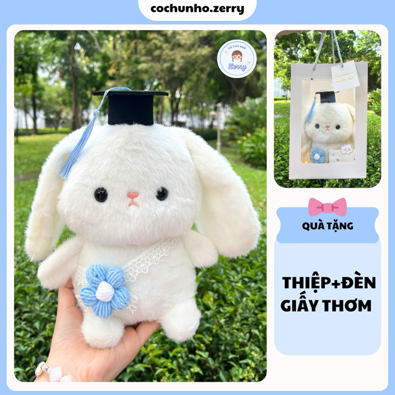 Quà tặng tốt nghiệp gấu bông cử nhân cao 25cm thỏ đeo hoa len dễ thương