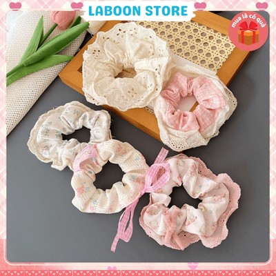 Dây cột tóc LABOON scrunchies họa tiết hoa nơ viền ren vintage buộc tóc voan nhún nữ tính xin xắn