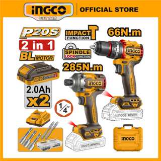 Bộ combo máy máy siết vít pin và máy khoan pin ba chức năng có búa 20V INGCO CKLI20277 motor không chổi than