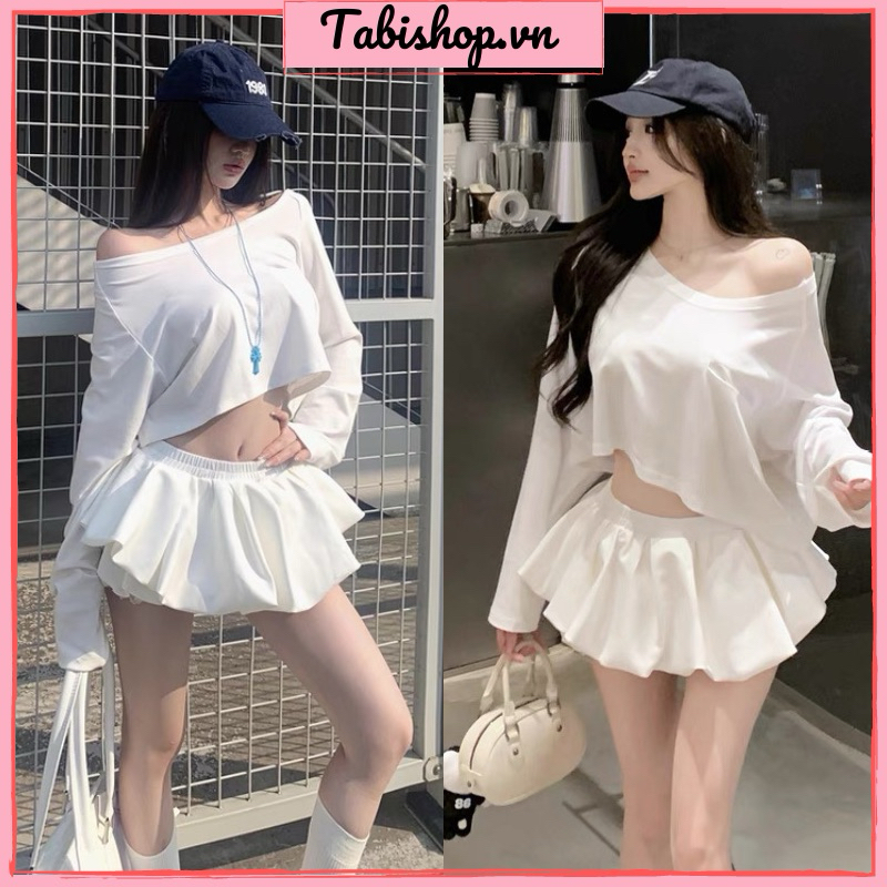 Set Áo thun croptop tay dài trễ vai mix quần bí TABISHOP Set đồ nữ sang chảnh mặc hè đi chơi đi biển(85) | BigBuy360 - bigbuy360.vn