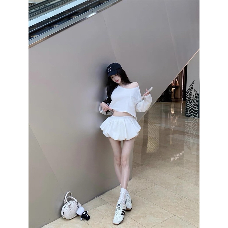 Set Áo thun croptop tay dài trễ vai mix quần bí TABISHOP Set đồ nữ sang chảnh mặc hè đi chơi đi biển(85) | BigBuy360 - bigbuy360.vn