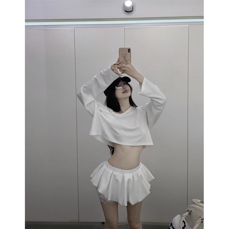 Set Áo thun croptop tay dài trễ vai mix quần bí TABISHOP Set đồ nữ sang chảnh mặc hè đi chơi đi biển(85) | BigBuy360 - bigbuy360.vn