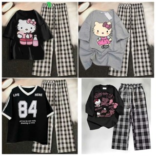 Tổng hợp các Set quần kẻ caro đen ống rộng cạp cao + Mix kèm áo phông tay  lỡ oversize