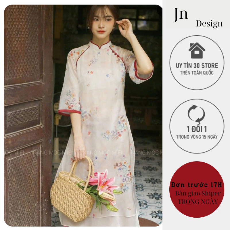 Áo dài cách tân nữ 4 tà chất liệu voan in hoa đẹp mềm mại phối quần lụa mềm mại- JNN STORE J107