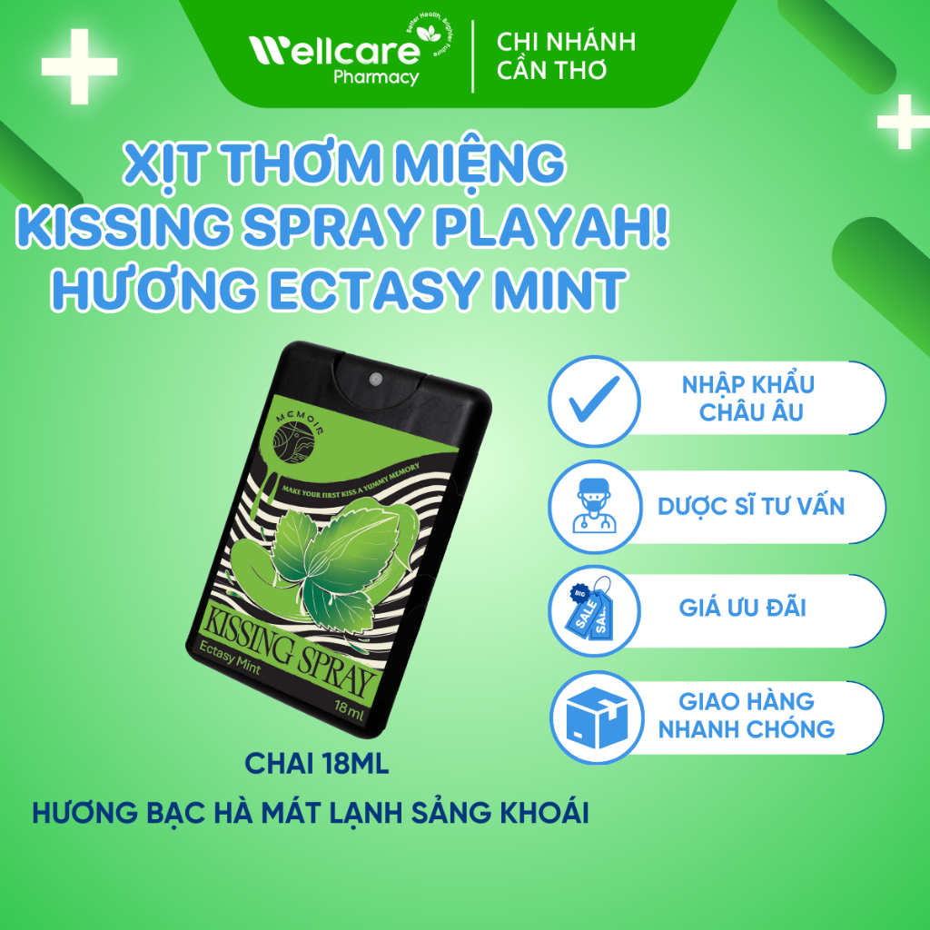 [⭐PLAYAH] Xịt Thơm Miệng Kissing Spray PlayAh Hương Ectasy Mint Bạc Hà Mát Lạnh Sảng Khoái - Hộp 18M