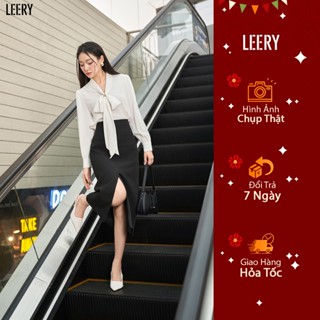 Áo sơ mi công sở dài tay cổ nơ tay đính ngọc cao cấp màu trắng đen ghi Leery SM-11