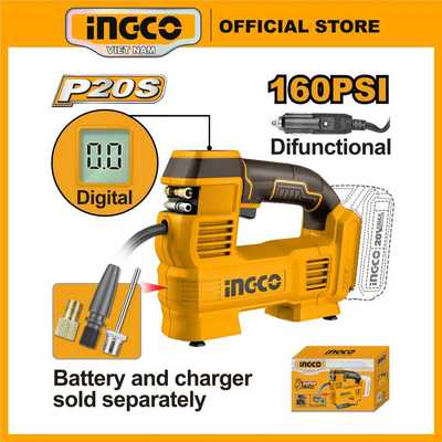 Bơm lốp ô tô Cắm Tẩu hoặc dùng pin 20V INGCO CACLI2012 áp suất 160PSI/11BAR (body chưa kèm pin sạc)