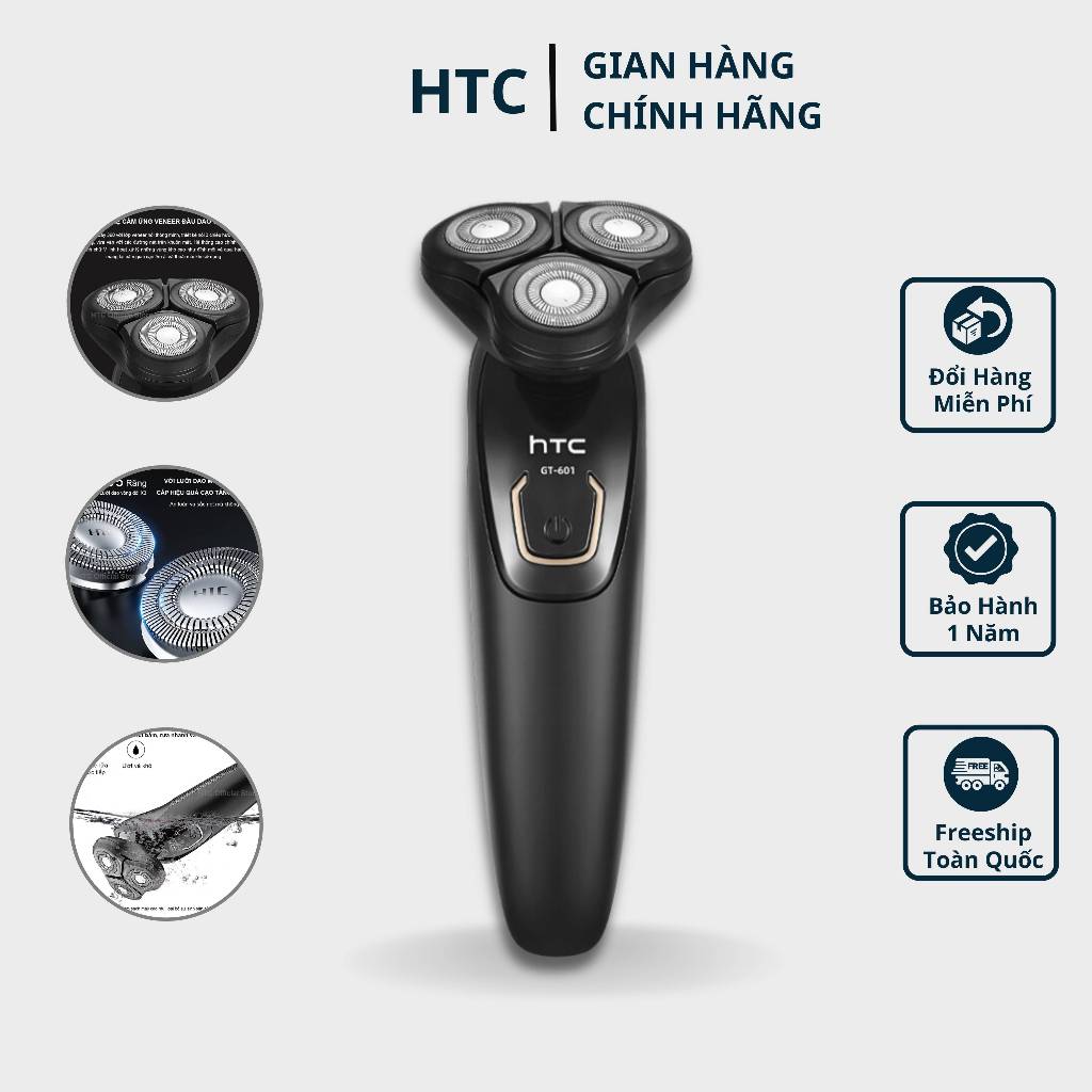 Máy Cạo Râu Điện GT-601 HTC Lưỡi Dao 3 Đầu Cạo Khô Và Ướt IPX67 Chống Nước, Hàng Chính Hãng HT9