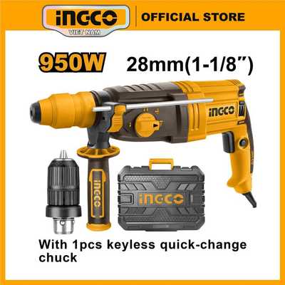 Máy khoan đục bê tông 3 chức năng INGCO RGH9528-2 950W kèm đầu chuyển đổi mũi khoan kẹp, lực tác động 2,5J