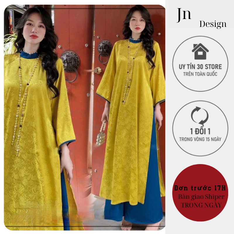Áo dài lụa, áo dài 2 tà chất liệu gấm dáng suông phối màu siêu xinh may sẵn_Jn Design J01