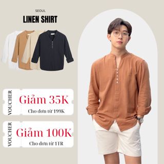 Áo sơ mi nam cổ trụ mix cúc dài tay vải Linen cao cấp phom dáng hàn quốc trẻ trung thanh lịch -SEOUL