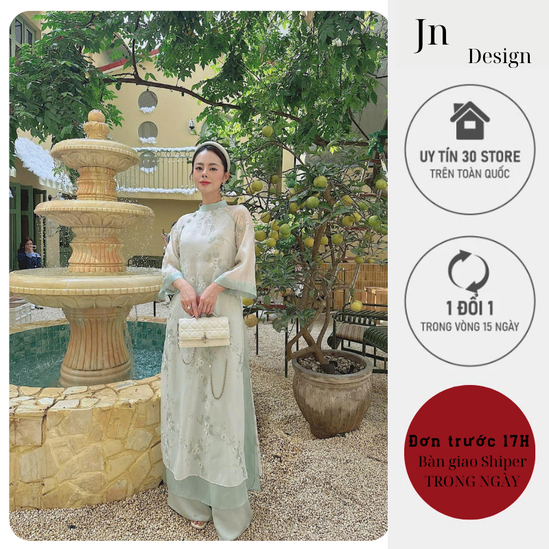 Áo dài cách tân nữ KÈM QUẦN 4 tà thiết kế thêu hoa phối tay loe vải tơ mềm cao cấp -Jn Design J21