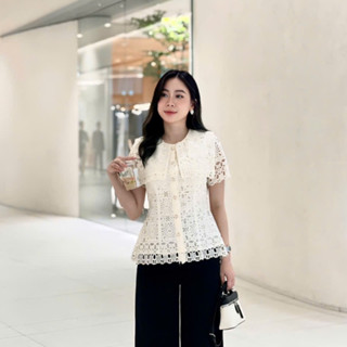 Áo sơ mi kiểu dáng peplum HINSTORE áo kiểu ren dáng ôm đáp vai thủy thủ vải ren cao cấp ngắn tay 308