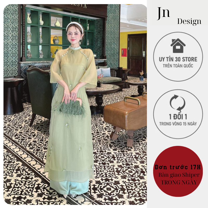 Áo dài nữ áo dài cao cấp 4 tà dáng xuông tay loe chất liệu tơ nhăn thêu hoa- Jn Design J96