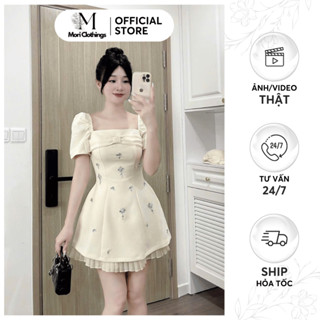 Váy Tiểu Thư Tay Bồng Cổ Vuông Sang Chảnh Tôn Dáng, Thiết Kế Đính Đá Sang Trọng N248| MORI CLOTHINGS