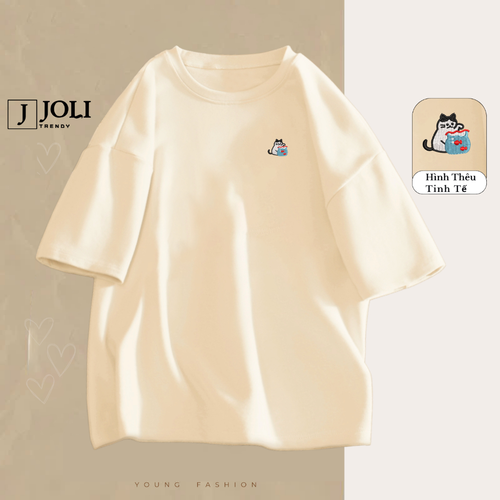 Áo Thun THÊU Cat & Goldfish  By JOLI Chất Cotton Thoáng Mát Form Rộng Tay Lỡ Cho Nam Nữ Phong Cách Unisex J Joli Trendy | BigBuy360 - bigbuy360.vn
