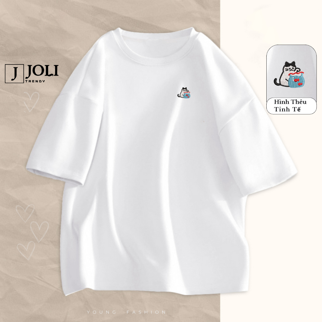 Áo Thun THÊU Cat & Goldfish  By JOLI Chất Cotton Thoáng Mát Form Rộng Tay Lỡ Cho Nam Nữ Phong Cách Unisex J Joli Trendy | BigBuy360 - bigbuy360.vn