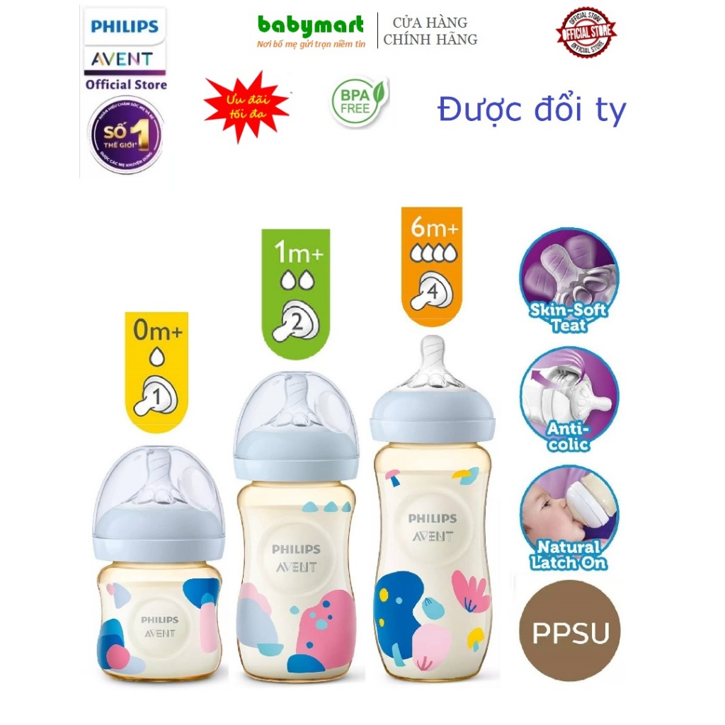 Bình sữa nhựa PPSU Philips Avent mô phỏng tự nhiên đơn 125-260-330ml, được đổi ty