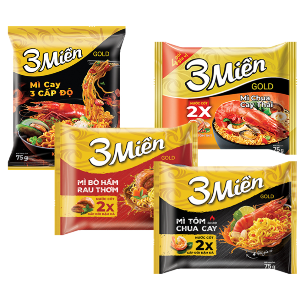 [Thùng 30 gói] Mì 3 Miền Gold cay 3 cấp độ/bò hầm rau thơm/chua cay Thái/tôm chua cay đặc biệt 75g