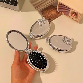  Lược chải tóc mát xa đầu kèm gương chất liệu ABS màu bạc đính nơ sang trọng đẹp mắt gấp gọn tiện lợi mang theo 