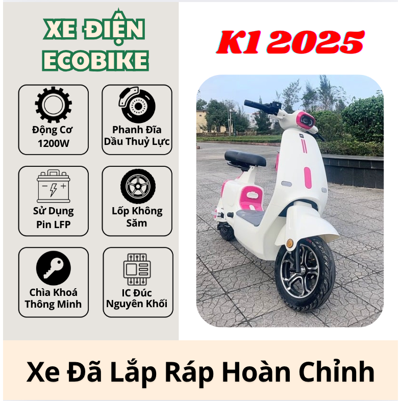 Xe điện K1 chạy pin LFP 70-80km 1 lần sạc, động cơ 1200W, ic đúc, decor theo yêu cầu