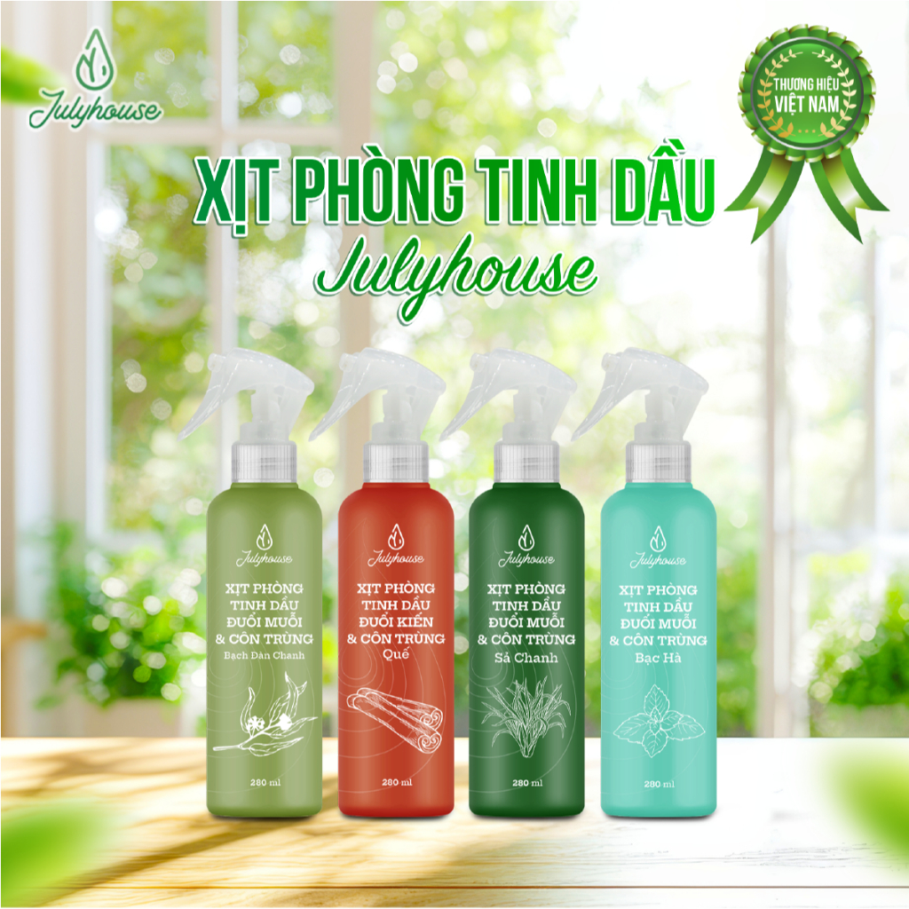 Bình Xịt Phòng Tinh Dầu Sả Chanh, Bạc Hà, Quế, Bạch Đàn Chanh 280ml Julyhouse Khử Mùi