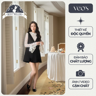 Váy Yếm Nữ Dáng Ngắn VEO'S, Váy Yếm Đen Xuông, Váy Yếm Cổ V, Váy Yếm Tiểu Thư Thanh Lịch Đi Làm, Đi Chơi - Audrey Dress