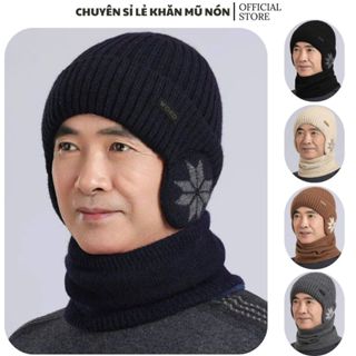 Mũ len khăn giữ ấm mùa đông dành cho người trung niên ,mũ len kèm khăn quàng cổ ấm lót lông bên trong