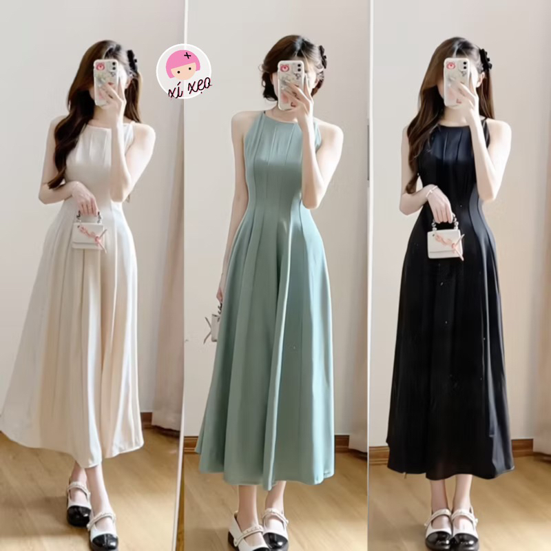 Váy cổ yếm dáng dài xòe chất chéo tiểu thư Hàn Quốc xixeoshop - V168