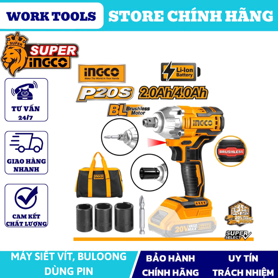 Máy siết vít, bulong dùng pin 20V Ingco CIWLI20208 - Động cơ không chổi than, lực siết tối đa 220Nm