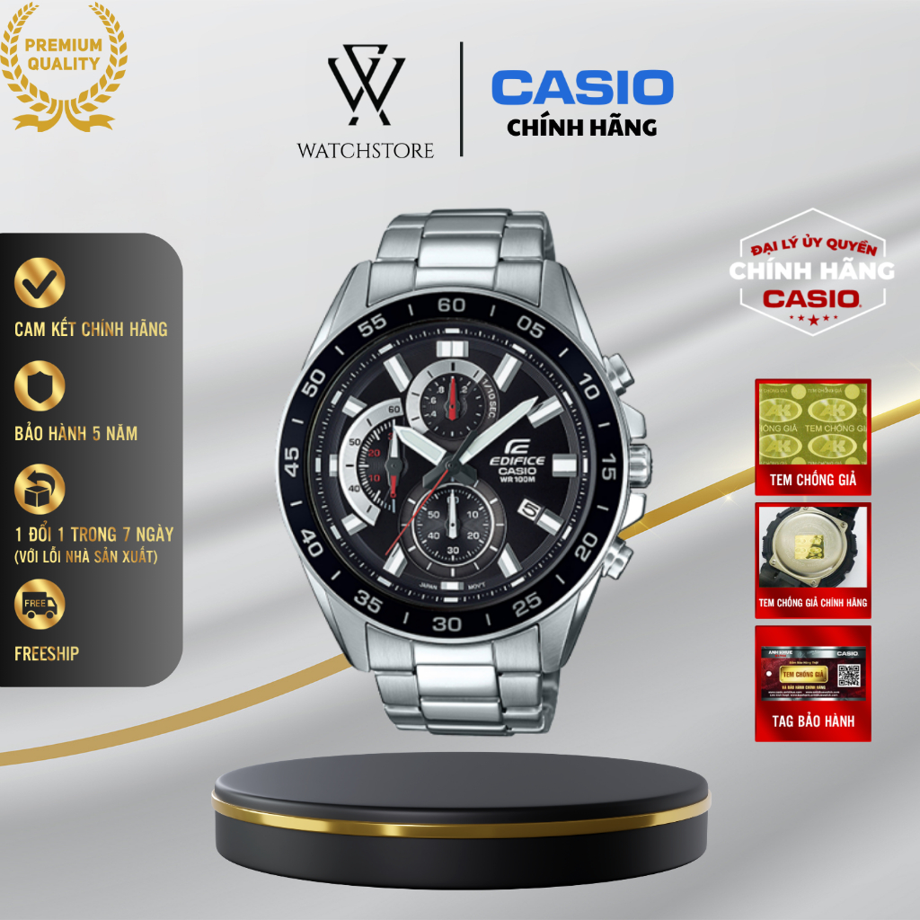 Đồng Hồ Edifice Nam EFV-550D-1AVUDF Màu Đen Dạ Quang Mặt Kính Khoáng 47mm Chống Nước Dây Kim Loại Ch