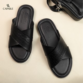 Dép da nam quai chéo CAPABLE màu đen, bảo hành 12 tháng