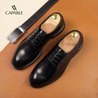 Giày da buộc dây Derby CAPABLE màu đen đế cao su, bảo hành 12 tháng