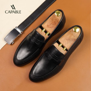 Giày da nam lười Loafer CAPABLE dập vân da màu đen đế phíp (gỗ),  bảo hành 12 tháng