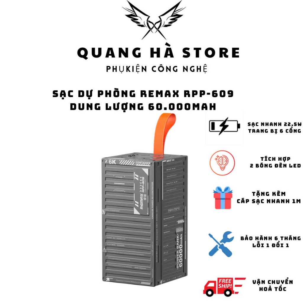 Sạc DP 60000mah - REMAX RPP609 - sạc nhanh 22.5w [Tặng kèm cáp sạc nhanh]