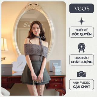 Set Áo Len Trễ Vai Tay Ngắn Thiết Kế Nữ + Chân Váy 2 Tầng Tiểu Thư Veo's Đi Chơi Màu Trắng, Xám ( KÈM DÂY ) - Latte Set